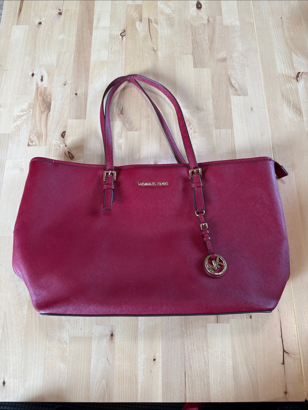 Michael Kors Burgundy Saffiano Leather Tote with Gold Accent